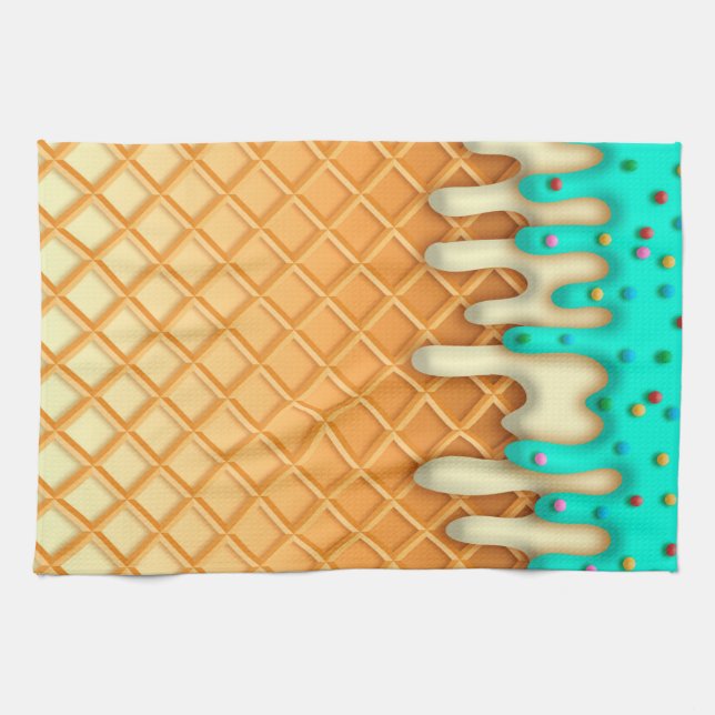Ice Cream Drip Waffle Cone Mint With Sprinkles Tea Towel (Horizontal)