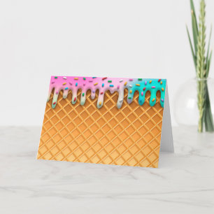 Ice Cream Drip Waffle Cone Pink With Sprinkles Card