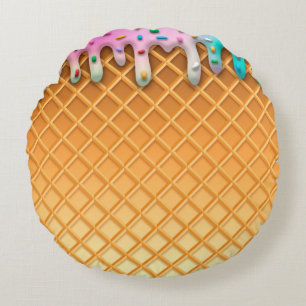 Ice Cream Drip Waffle Cone Pink With Sprinkles Round Cushion