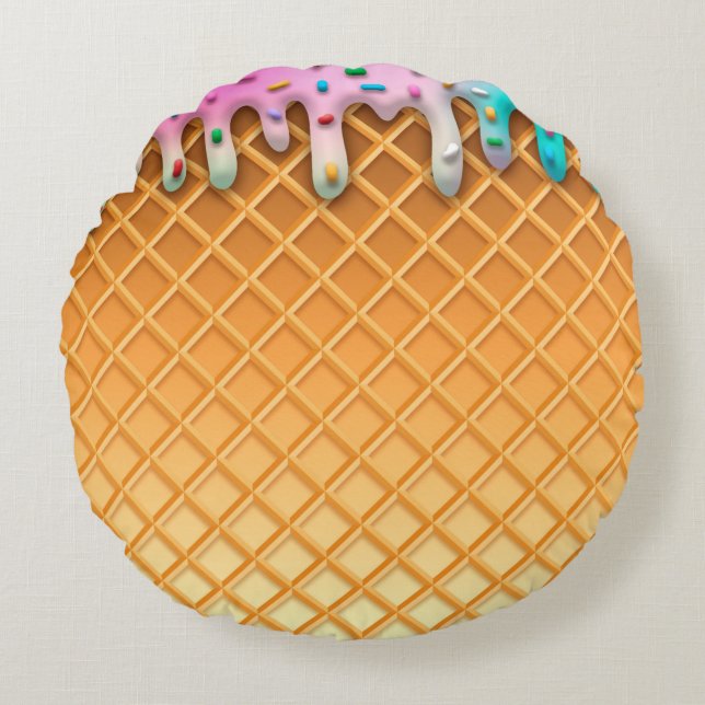 Ice Cream Drip Waffle Cone Pink With Sprinkles Round Cushion (Front)