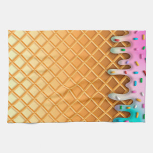 Ice Cream Drip Waffle Cone Pink With Sprinkles Tea Towel