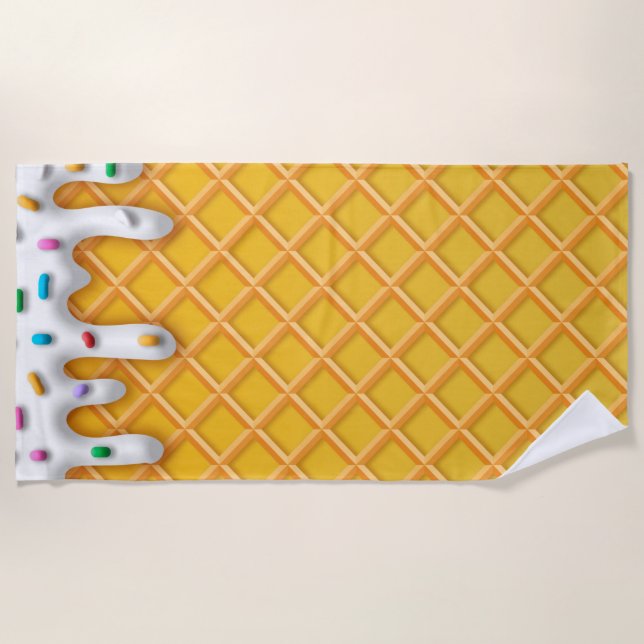 Ice Cream Drip Waffle Cone With Sprinkles Beach Towel (Front)