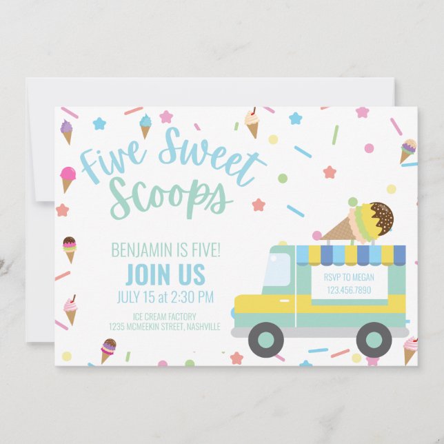 Ice Cream Fifth 5th Birthday Sibling Twins Invitation (Front)