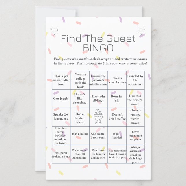  Ice Cream Find the Guest Bridal Shower Bingo game (Front)