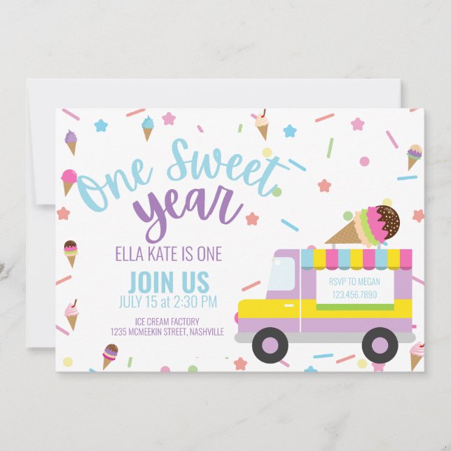 Ice Cream First Birthday Baby Girl Party Invitation (Front)