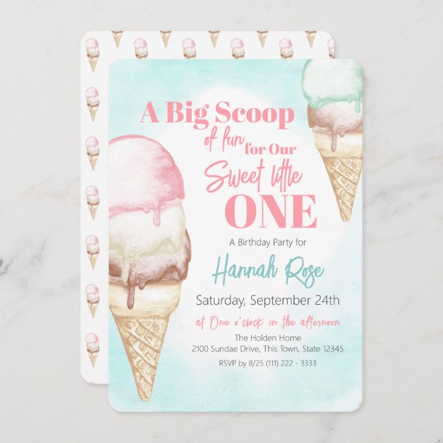 Ice Cream First Birthday Party Invitation (Front/Back)