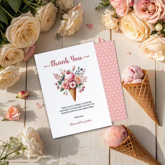 Ice Cream Floral Berry Cool Girl Birthday Party  Thank You Card (Creator Uploaded)