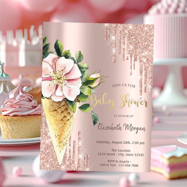 Ice cream Flower Rose Gold Sweets Baby Shower Invitation (Creator Uploaded)
