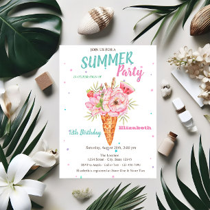 Ice cream Flowers Fruits Summer Birthday  Invitation