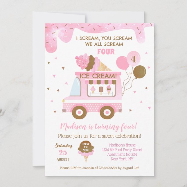 Ice Cream Four 4th Birthday Party Invitations (Front)