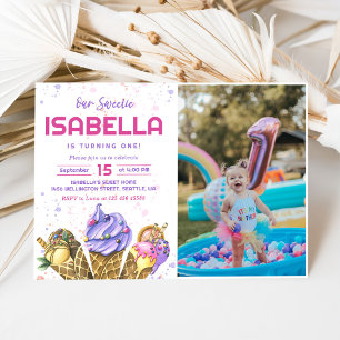 Ice Cream Girls 1st Birthday Photo Invitation