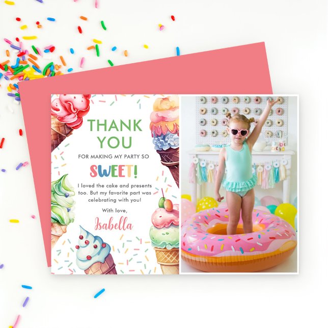 Ice Cream Girls Birthday Party Photo Thank You Card (Creator Uploaded)