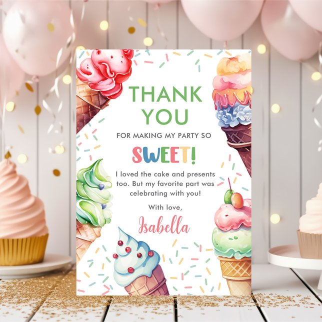 Ice Cream Girls Birthday Party Thank You Card (Creator Uploaded)