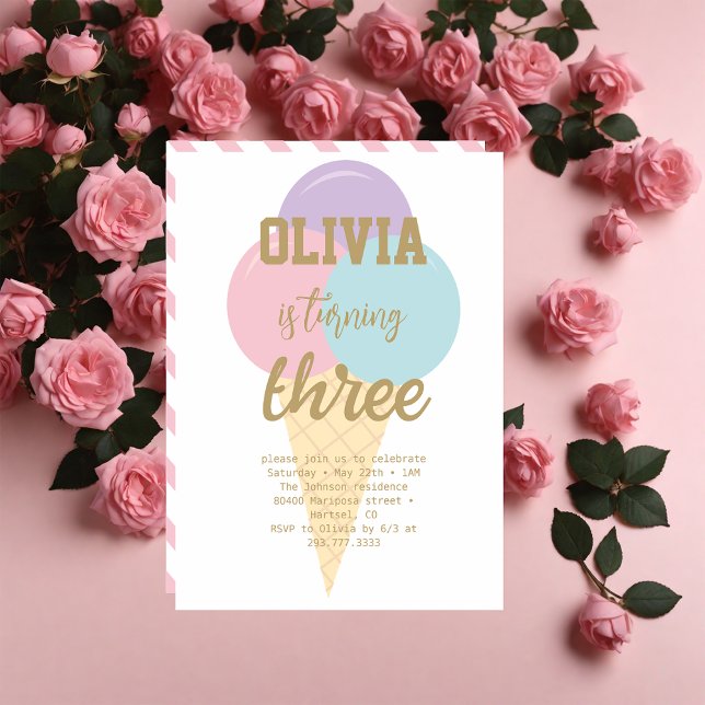 Ice Cream Gold Foil Calligraphy Birthday Party Invitation (Creator Uploaded)