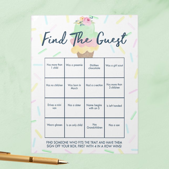 Ice Cream Guest Bingo Shower Game Pack Notepad (Find the Guest Ice Cream Scooped Up Bridal Shower Game Pack of 40 Answer Sheets)