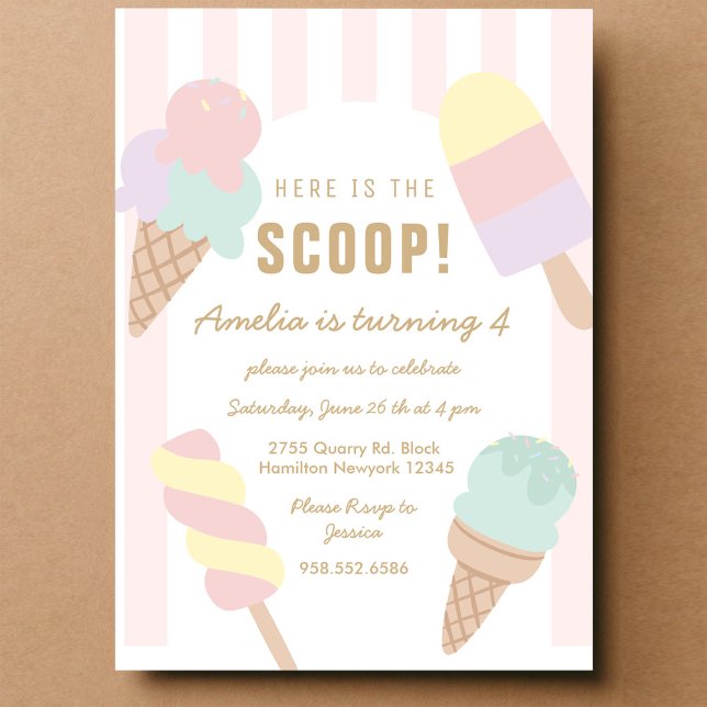 Ice Cream Here's the Scoop Birthday Invitation (Creator Uploaded)