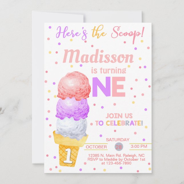 Ice cream here's the scoop girl 1st birthday. invitation (Front)