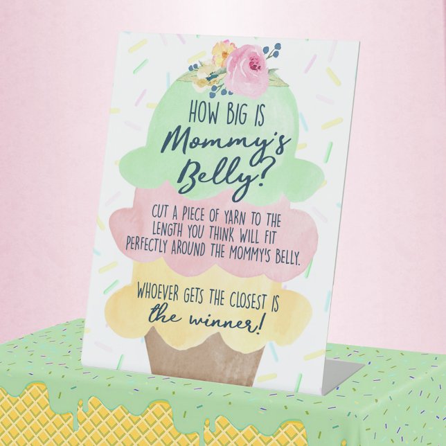 Ice Cream How Big is Mummy's Belly Shower Game Pedestal Sign (How Big is Mommy's Belly Ice Cream Baby Shower Game Pedestal Sign - Watercolor Ice Cream Sprinkle)