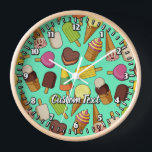 Ice Cream Icons Large Clock<br><div class="desc">Ice cream icons. Seamless pattern. Custom background colour. Custom text.</div>