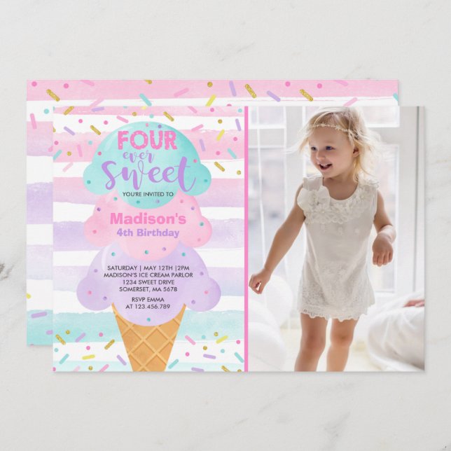 Ice Cream Invitation Four Ever Sweet 4th Birthday (Front/Back)