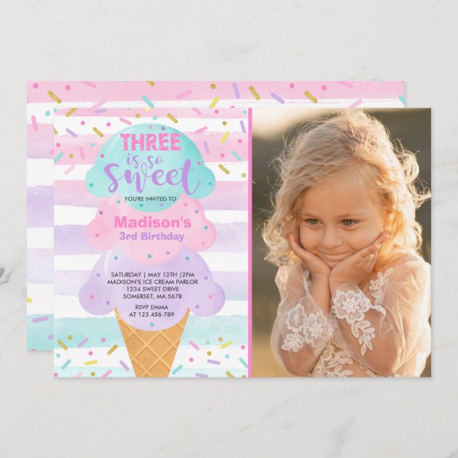 Ice Cream Invitation Three Is Sweet 3rd Birthday (Front/Back)
