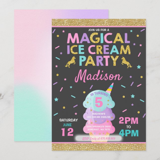 Ice Cream Invitation Unicorn Ice Cream Party (Front/Back)