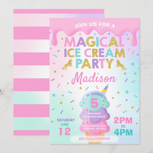 Ice Cream Invitation Unicorn Ice Cream Party (Front/Back)