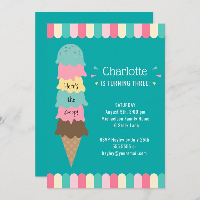 Ice Cream Kids Birthday Party Teal Invitation (Front/Back)