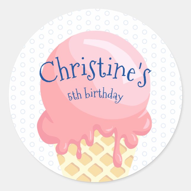 Ice Cream kids birthday pink blue name  Classic Round Sticker (Front)