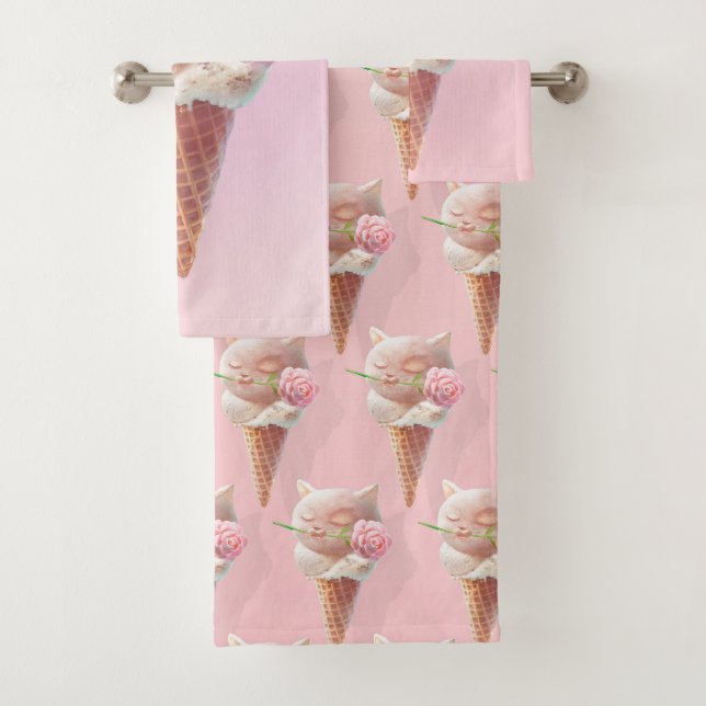 Ice Cream Kitty – Rosy & Dreamy Bath Towel Set (Insitu)