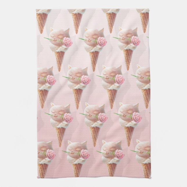 Ice Cream Kitty – Rosy & Dreamy Tea Towel (Vertical)