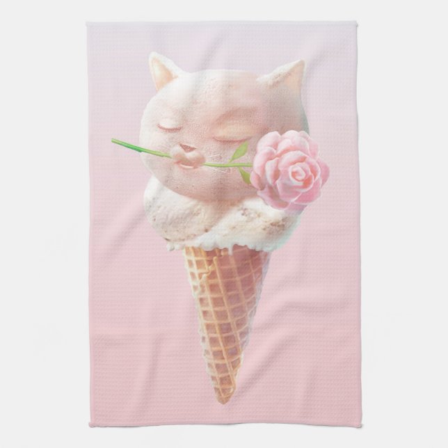 Ice Cream Kitty – Rosy & Dreamy Tea Towel (Vertical)