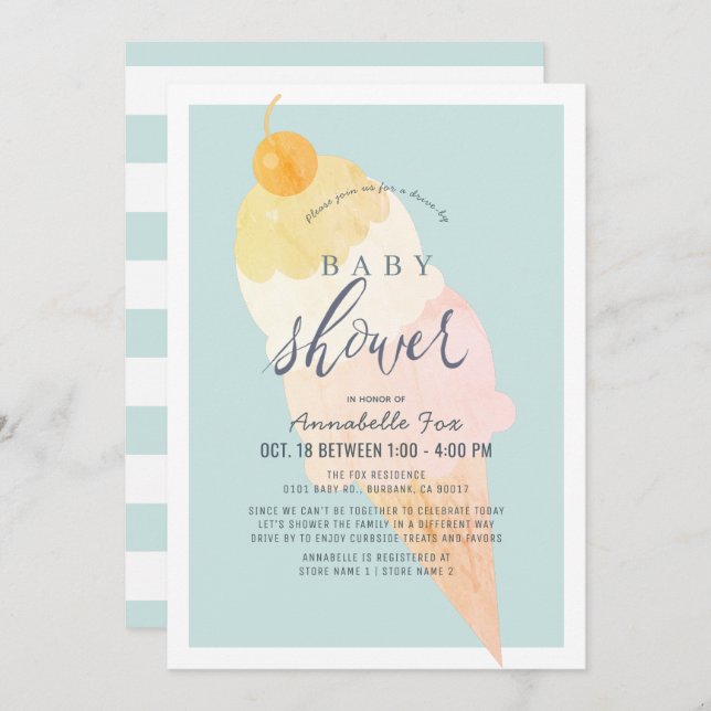 Ice Cream Light Blue Boy Drive-by Baby Shower Invitation (Front/Back)