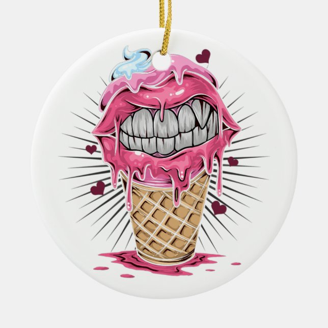 Ice cream lips and teeth as artwork on valentines  ceramic ornament (Front)