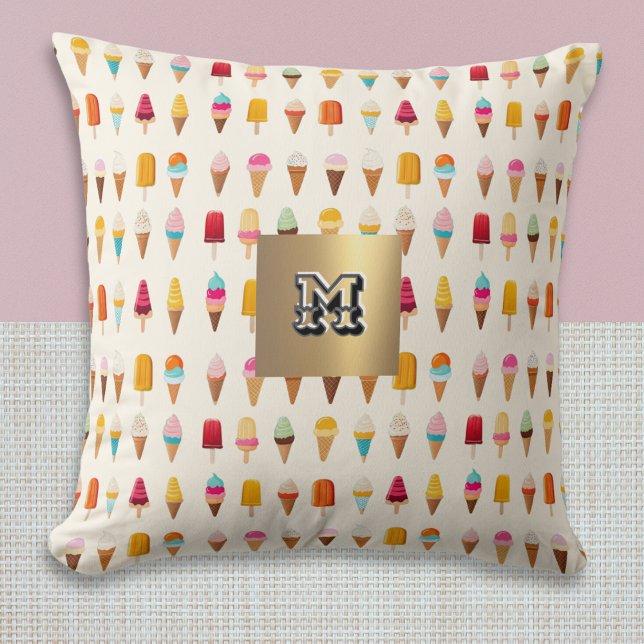 Ice Cream Lollies Monogrammed Retro Patterned Cute Cushion (A cute monogrammed throw pillow, with colorful pattern of ice cream cones and ice lollies)