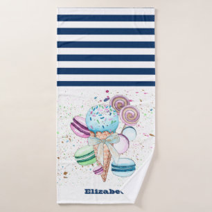 Ice cream Macaroons Navy Blue White Striped  Bath Towel