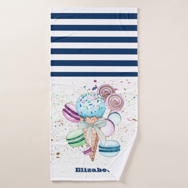 Ice cream Macaroons Navy Blue White Striped  Bath Towel (Bath Towel)