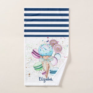  Ice cream Macaroons Navy Blue White Striped Bath Towel Set
