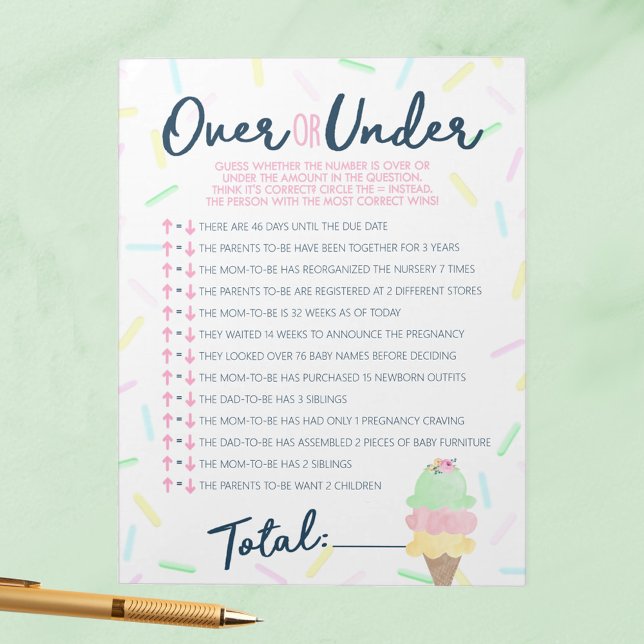 Ice Cream Over or Under Shower Game Pack Notepad (Over or Under Ice Cream Scooped Up Bridal Shower Game Pack of 40 Answer Sheets)
