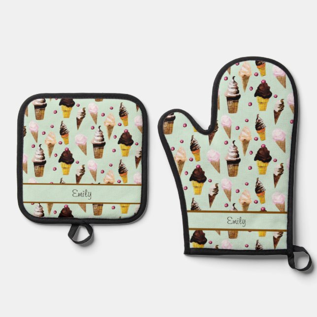 Ice Cream Parlor Retro Green Personalized Apron Oven Mitt & Pot Holder Set (Front)