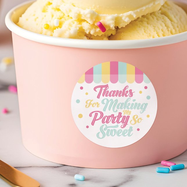 Ice Cream Parlour Awning Thank You Birthday Party Classic Round Sticker (Ice Cream Parlor Awning Thank You Birthday Party Classic Round Sticker)
