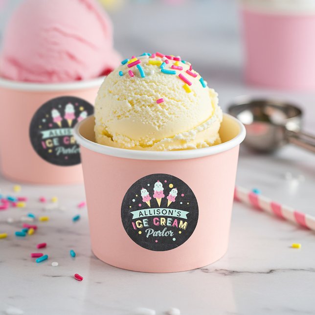 Ice Cream Parlour Chalkboard Birthday Party Crest Classic Round Sticker (Ice Cream Parlor Chalkboard Birthday Party Crest Classic Round Sticker)