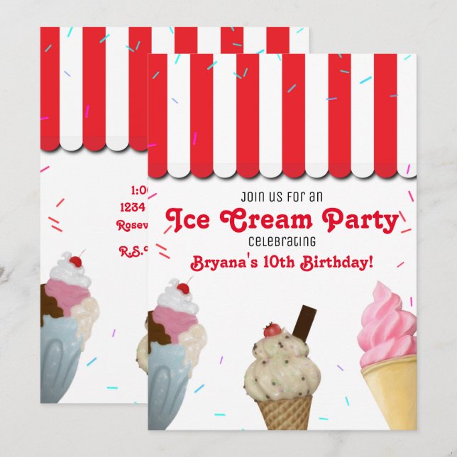 Ice Cream Parlour Party Birthday Celebration Red Invitation (Front/Back)