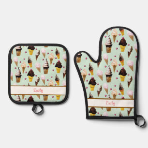 Ice Cream Parlour Retro Green Personalised Apron Oven Mitt & Pot Holder Set