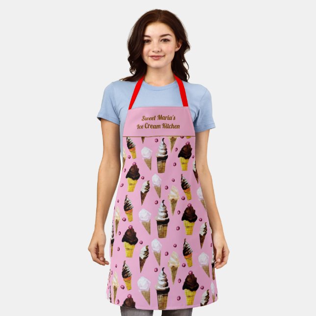 Ice Cream Parlour Retro Pink Personalised Apron (Worn)