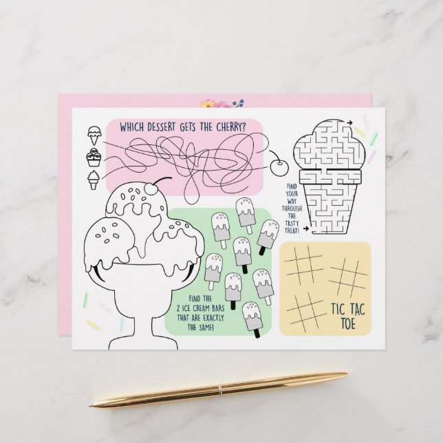 Ice Cream Party Activity Sheet Placemats For Kids (Front/Back In Situ)