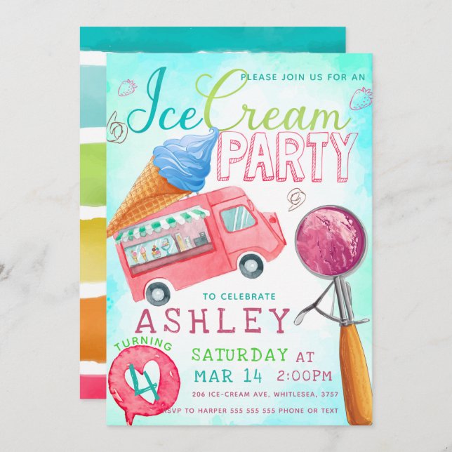 Ice Cream Party Birthday Invitation (Front/Back)
