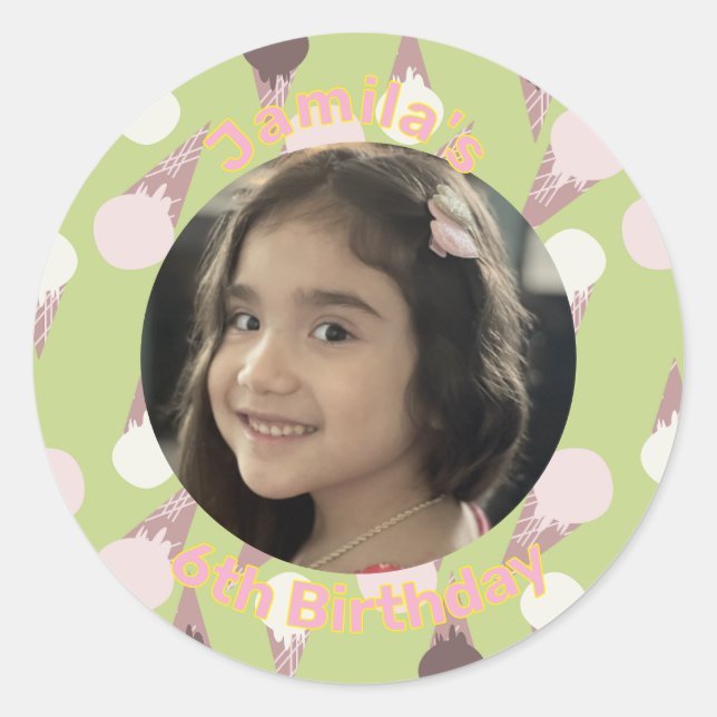 Ice Cream Party Birthday Photo Classic Round Sticker (Front)