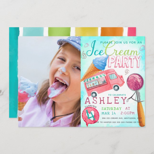 Ice Cream Party Birthday Photo Invitation (Front/Back)