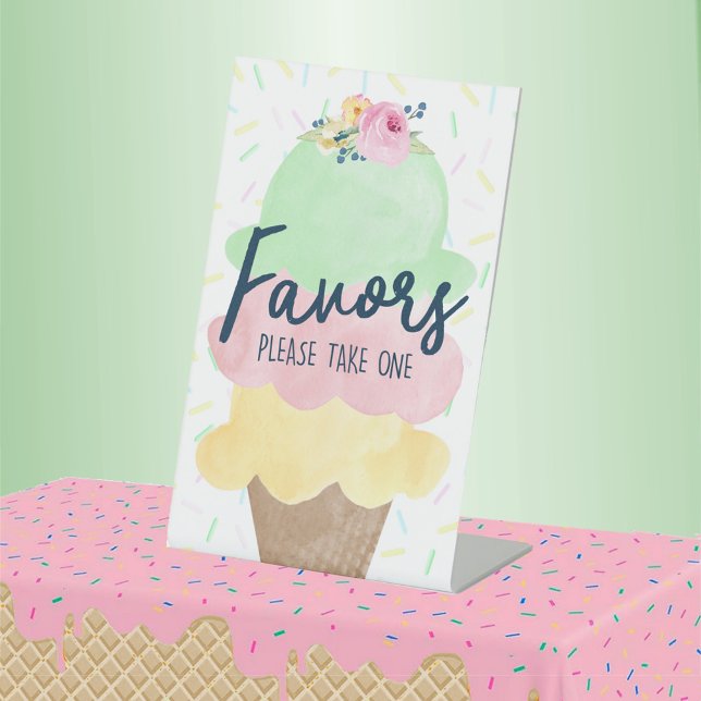 Ice Cream Party Favour Pedestal Sign (Watercolor Ice Cream Bridal Shower Pedestal Party Favor  Table Sign)